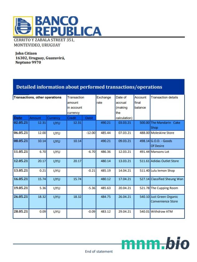 Uruguay Banco de la República Oriental del Uruguay wzór wyciągu bankowego w formacie Word i PDF format, good for address prove